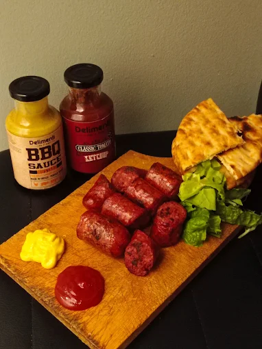 saucage and bbq sauce - butcher's shop karatzios let's meat kastoria
