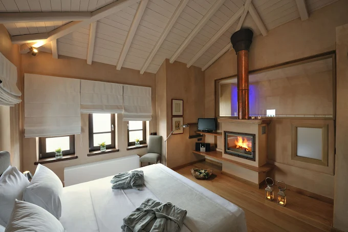 bedroom with fireplace  - valeni boutique hotel &spa portsria volos